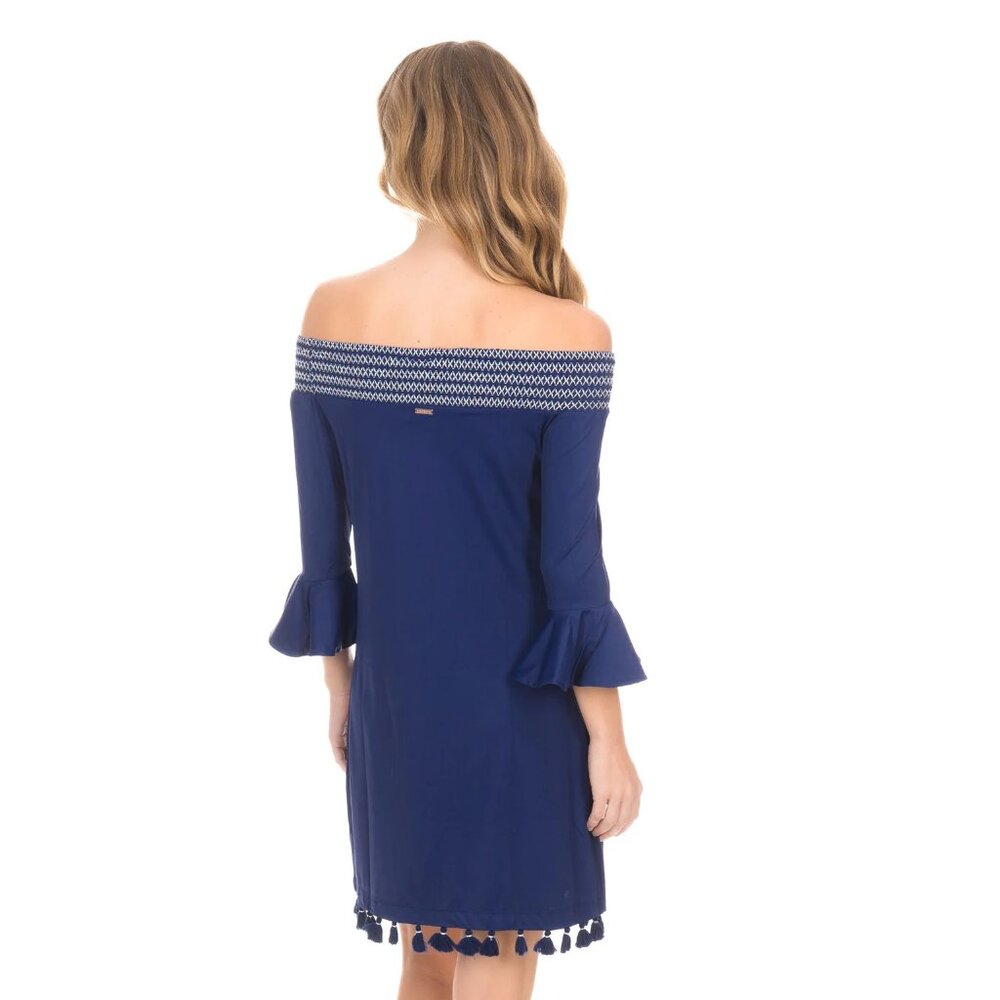 CABANA LIFE/Navy Embroidered Off The Shoulder Mini Dress Coverluxe Smocked Med - Picture 5 of 14